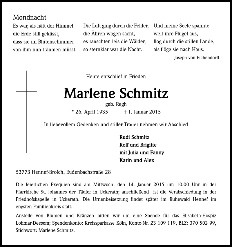  Traueranzeige für Marlene Schmitz vom 07.01.2015 aus Kölner Stadt-Anzeiger / Kölnische Rundschau / Express