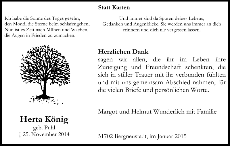  Traueranzeige für Herta König vom 10.01.2015 aus Kölner Stadt-Anzeiger / Kölnische Rundschau / Express