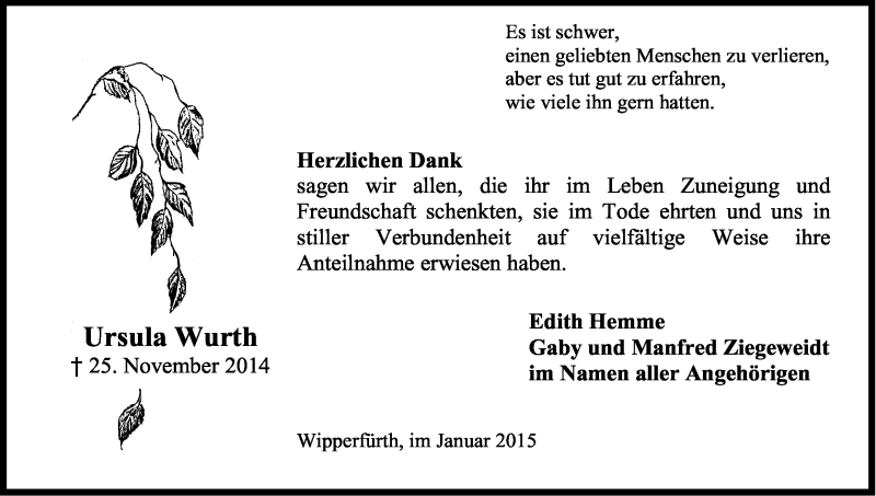  Traueranzeige für Ursula Wurth vom 10.01.2015 aus Kölner Stadt-Anzeiger / Kölnische Rundschau / Express