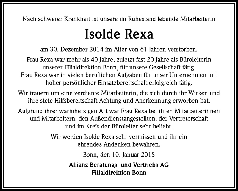  Traueranzeige für Isolde Rexa vom 10.01.2015 aus Kölner Stadt-Anzeiger / Kölnische Rundschau / Express