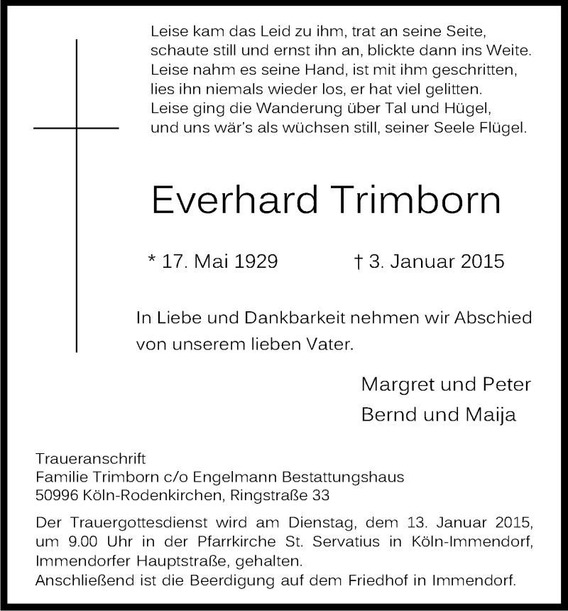  Traueranzeige für Everhard Trimborn vom 10.01.2015 aus Kölner Stadt-Anzeiger / Kölnische Rundschau / Express