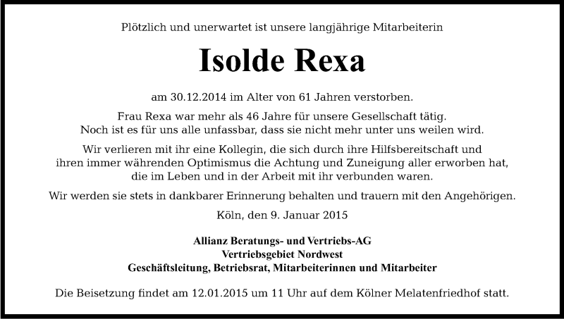  Traueranzeige für Isolde Rexa vom 09.01.2015 aus Kölner Stadt-Anzeiger / Kölnische Rundschau / Express