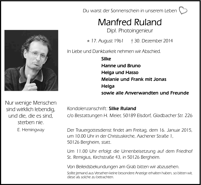  Traueranzeige für Manfred Ruland vom 12.01.2015 aus Kölner Stadt-Anzeiger / Kölnische Rundschau / Express