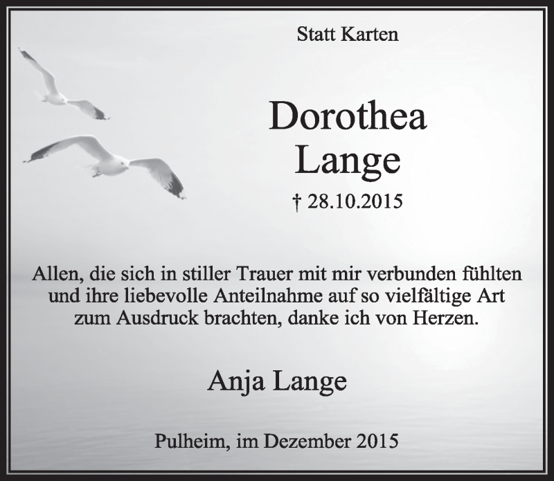  Traueranzeige für Dorothea Lange vom 05.12.2015 aus  Sonntags-Post 