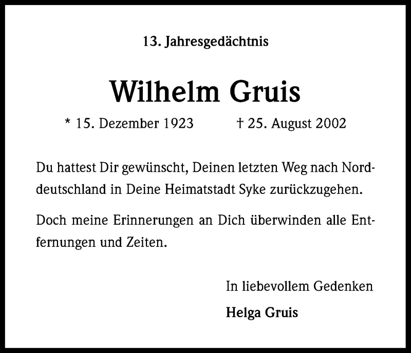  Traueranzeige für Wilhelm Gruis vom 25.08.2015 aus Kölner Stadt-Anzeiger / Kölnische Rundschau / Express