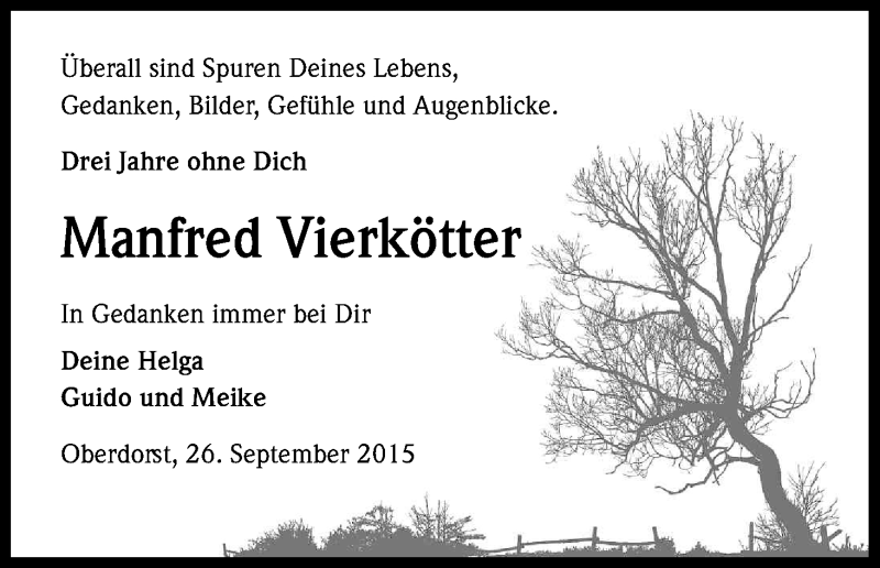  Traueranzeige für Manfred Vierkötter vom 26.09.2015 aus Kölner Stadt-Anzeiger / Kölnische Rundschau / Express