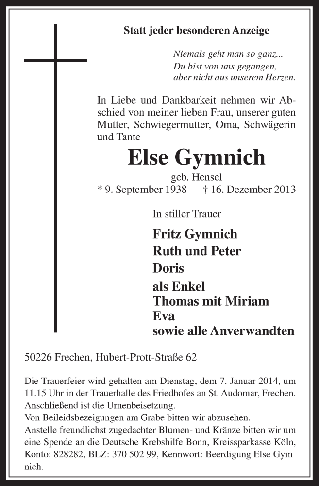  Traueranzeige für Else Gymnich vom 31.12.2013 aus Wochenende 