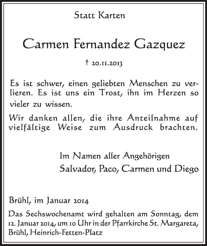  Traueranzeige für Carmen Fernandez Gazquez vom 31.12.2013 aus Schlossbote/Werbekurier 