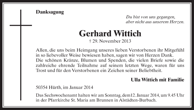 Traueranzeige für Gerhard Wittich vom 08.01.2014 aus  Wochenende 