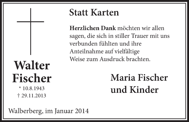  Traueranzeige für Walter Fischer vom 08.01.2014 aus  Schlossbote/Werbekurier 