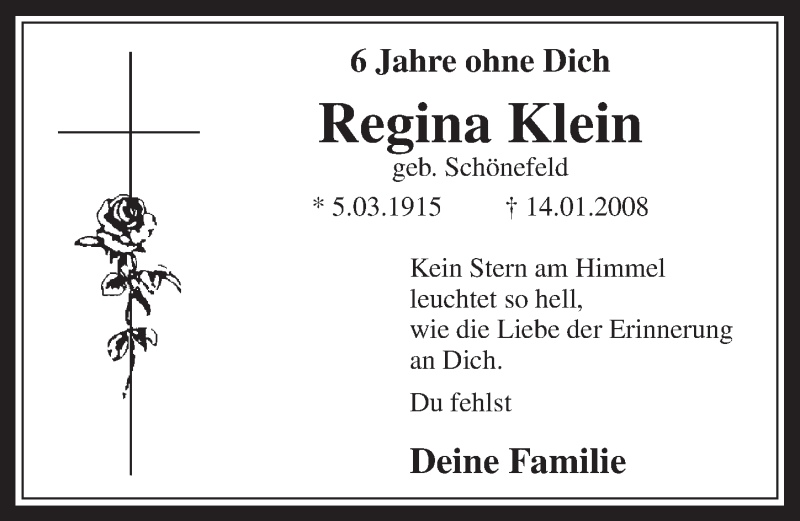  Traueranzeige für Regina Klein vom 15.01.2014 aus  Wochenende 