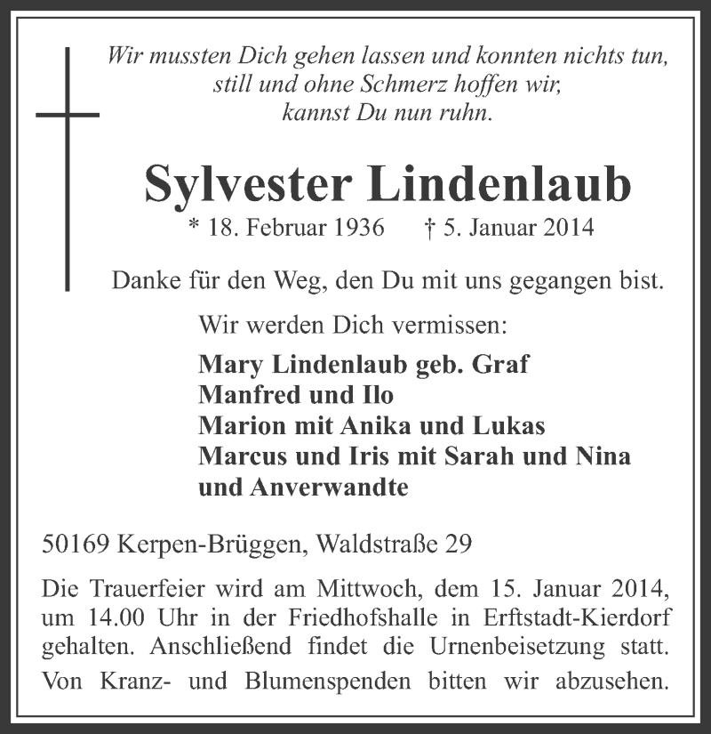  Traueranzeige für Sylvester Lindenlaub vom 11.01.2014 aus  Sonntags-Post 
