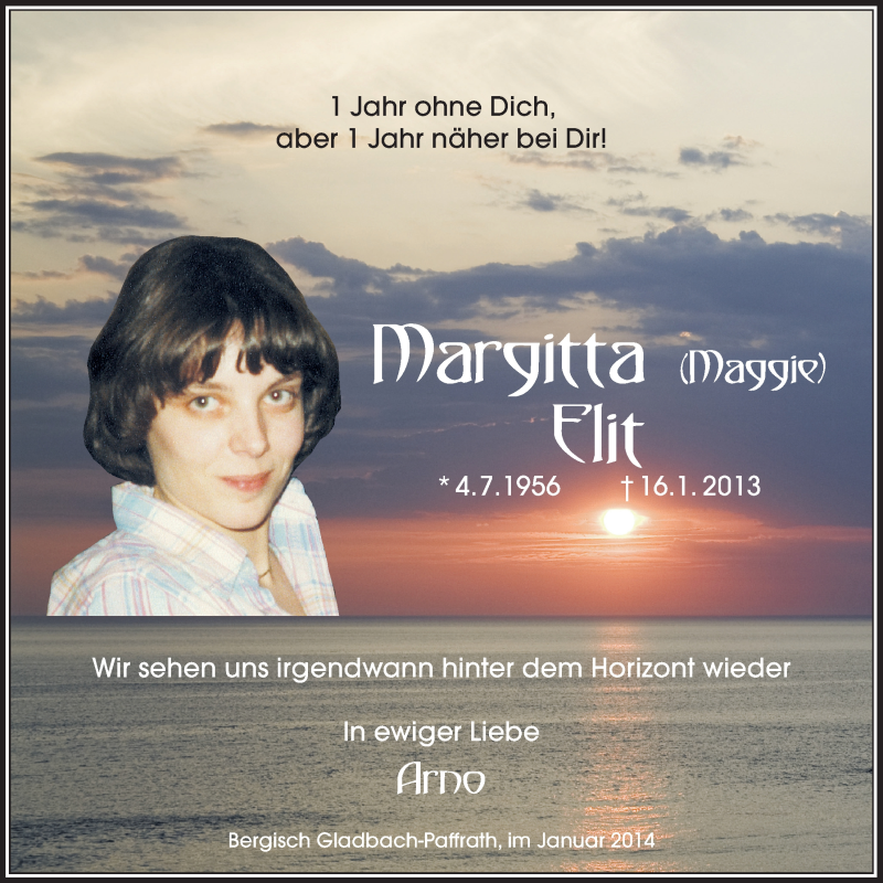  Traueranzeige für Margitta Elit vom 15.01.2014 aus  Bergisches Handelsblatt 