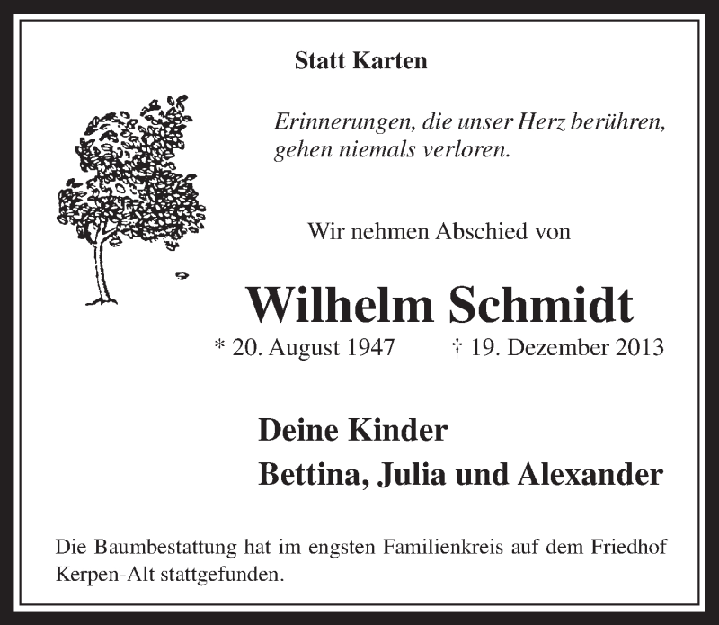  Traueranzeige für Wilhelm Schmidt vom 15.01.2014 aus  Werbepost 