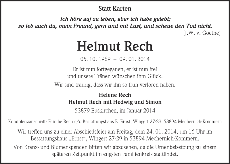  Traueranzeige für Helmut Rech vom 19.01.2014 aus  Blickpunkt Euskirchen 