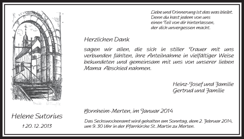  Traueranzeige für Helene Sutorius vom 22.01.2014 aus  Schlossbote/Werbekurier 