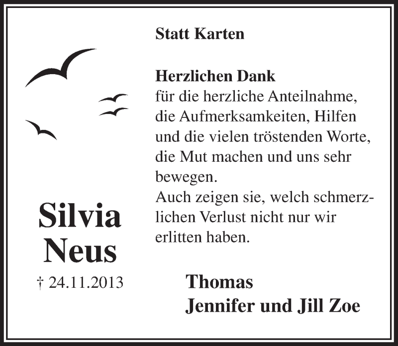  Traueranzeige für Silvia Neus vom 29.01.2014 aus  Anzeigen Echo 