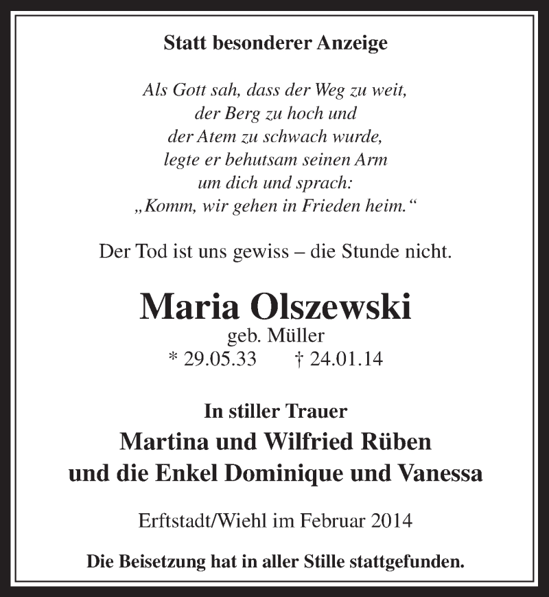  Traueranzeige für Maria Olszewski vom 05.02.2014 aus  Werbepost 