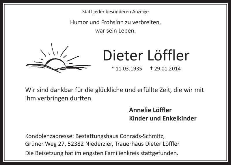  Traueranzeige für Dieter Löffler vom 12.02.2014 aus  Werbepost 