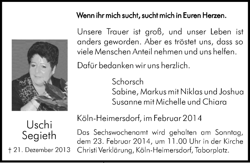  Traueranzeige für Uschi Segieth vom 12.02.2014 aus  Kölner Wochenspiegel 