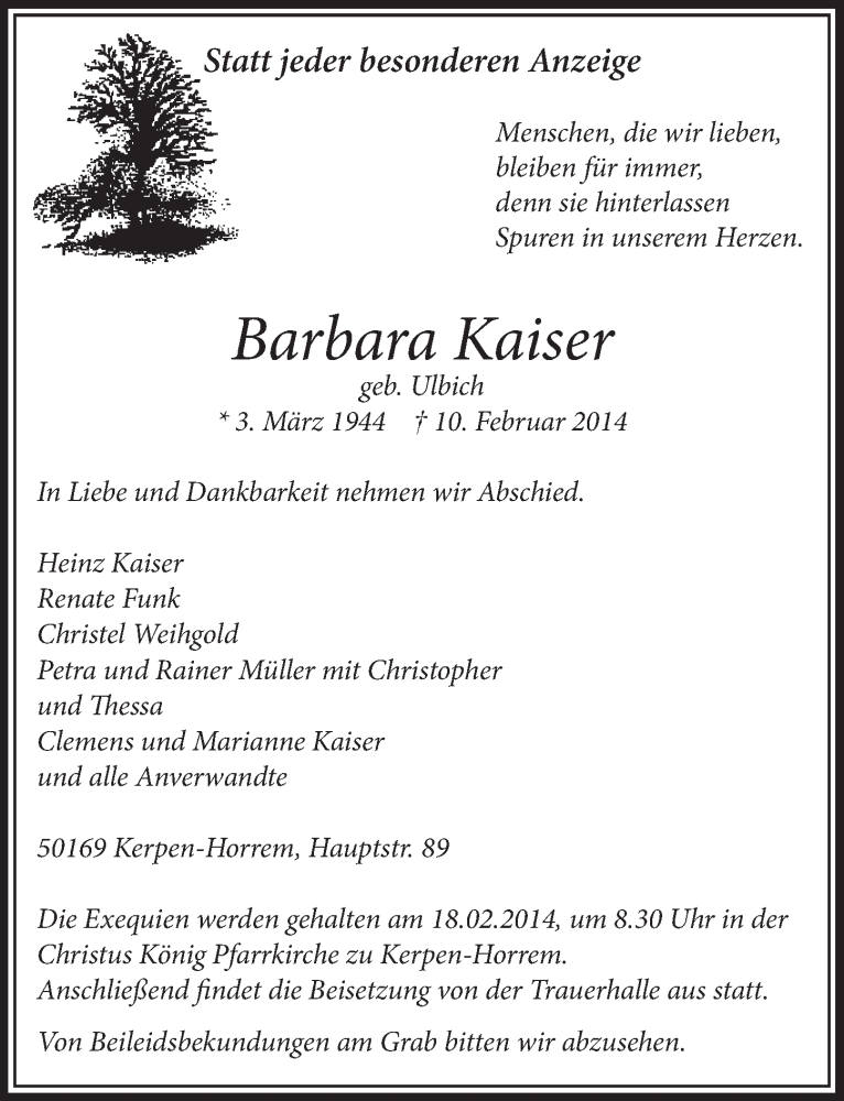  Traueranzeige für Barbara Kaiser vom 15.02.2014 aus  Sonntags-Post 
