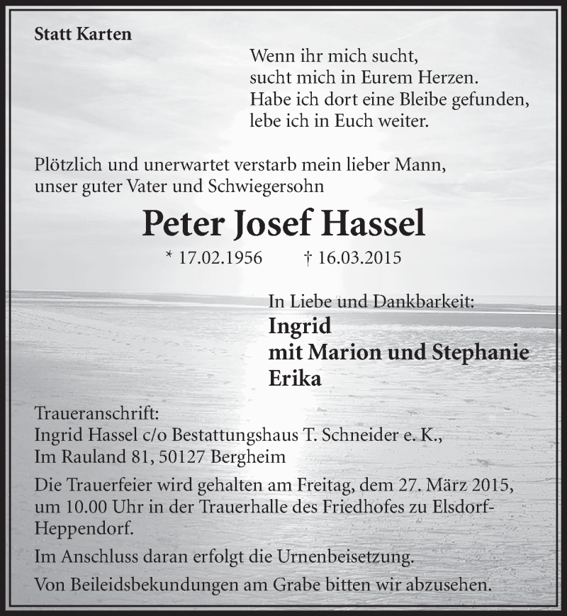  Traueranzeige für Peter Josef Hassel vom 21.03.2015 aus  Sonntags-Post 
