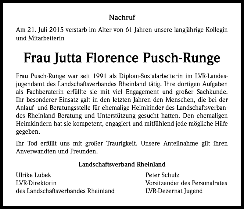  Traueranzeige für Jutta Florence Pusch-Runge vom 29.07.2015 aus Kölner Stadt-Anzeiger / Kölnische Rundschau / Express