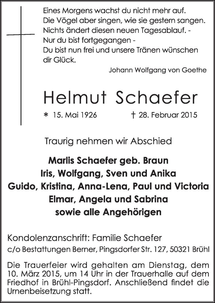  Traueranzeige für Helmut Schaefer vom 04.03.2015 aus  Schlossbote/Werbekurier 