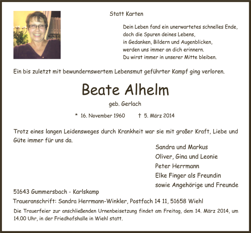  Traueranzeige für Beate Alhelm vom 12.03.2014 aus  Anzeigen Echo 