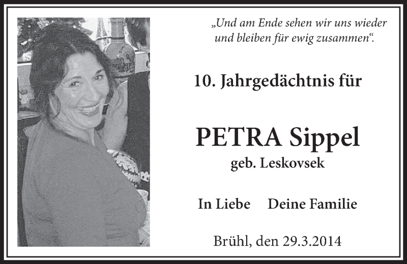  Traueranzeige für Petra Sippel vom 26.03.2014 aus  Schlossbote/Werbekurier 