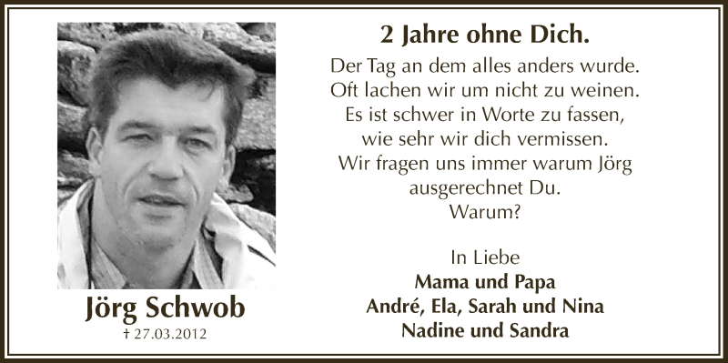  Traueranzeige für Jörg Schwob vom 26.03.2014 aus  Bergisches Handelsblatt 