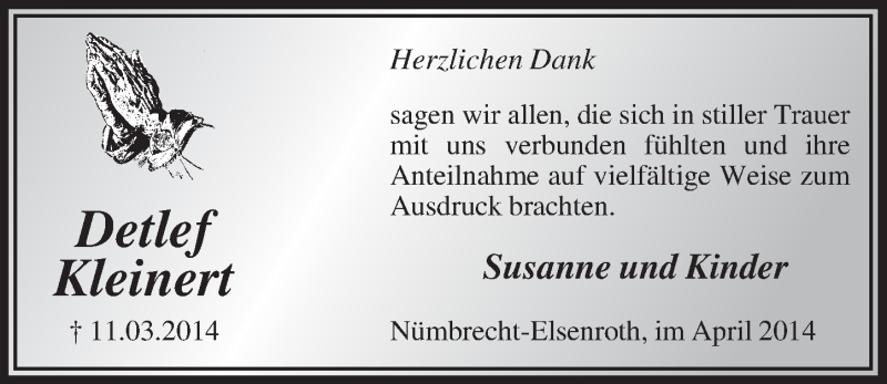  Traueranzeige für Detlef Kleinert vom 16.04.2014 aus  Anzeigen Echo  Lokalanzeiger 