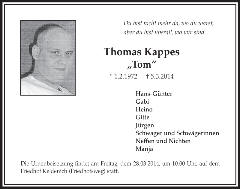  Traueranzeige für Thomas Kappes vom 26.03.2014 aus  Schlossbote/Werbekurier 
