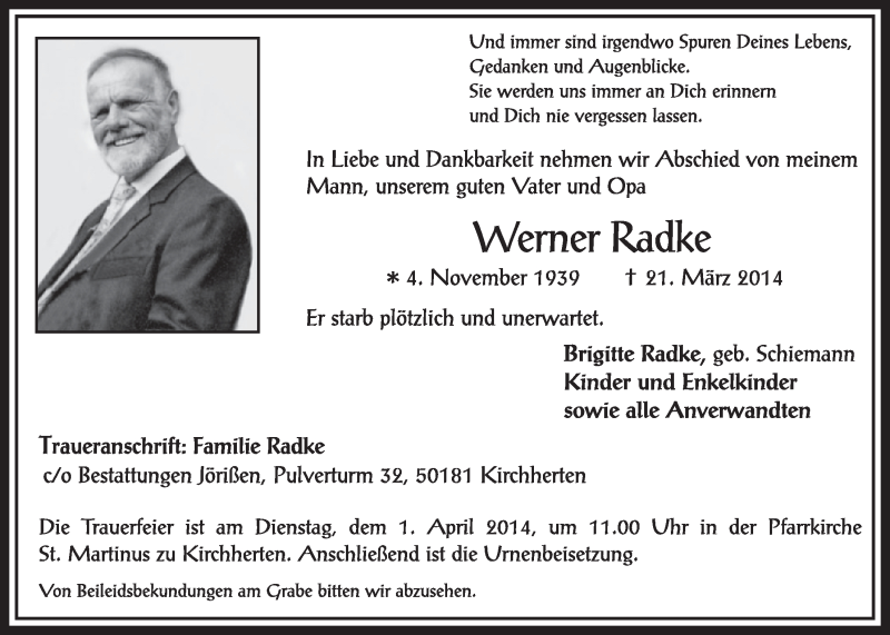  Traueranzeige für Werner Radke vom 29.03.2014 aus  Sonntags-Post 