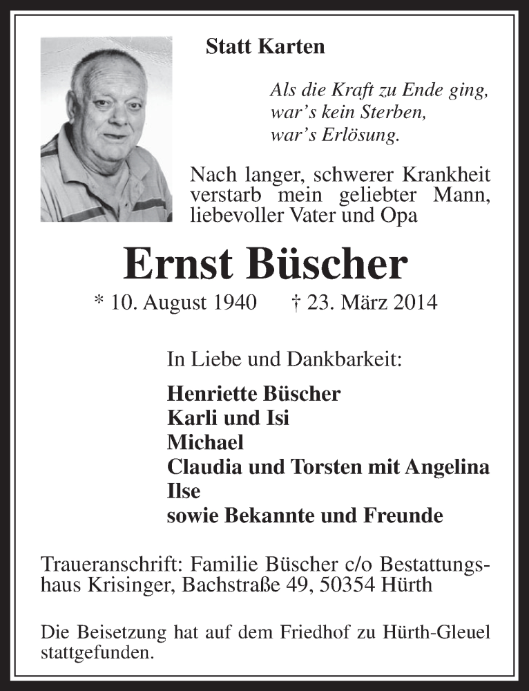  Traueranzeige für Ernst Büscher vom 02.04.2014 aus  Wochenende 