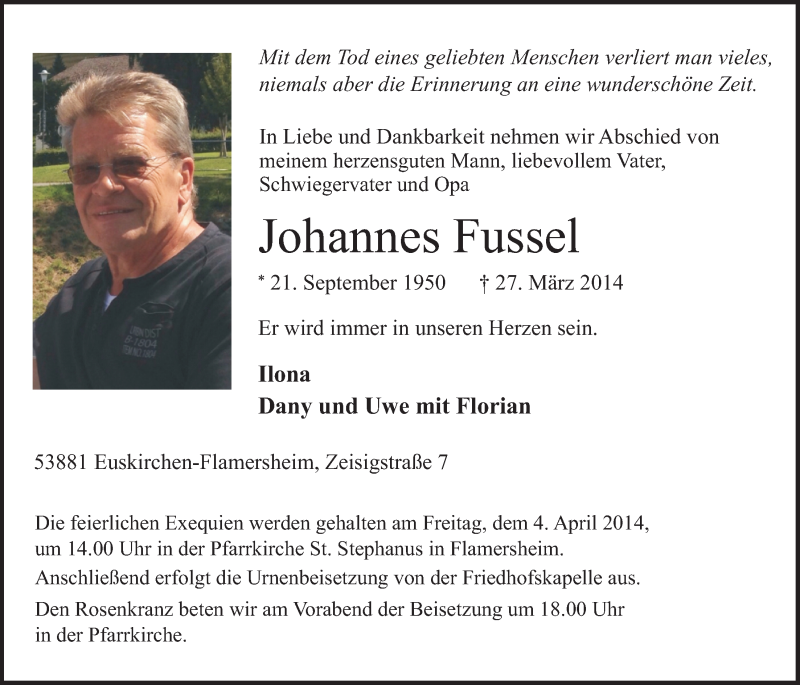  Traueranzeige für Johannes Fussel vom 30.03.2014 aus  Blickpunkt Euskirchen 