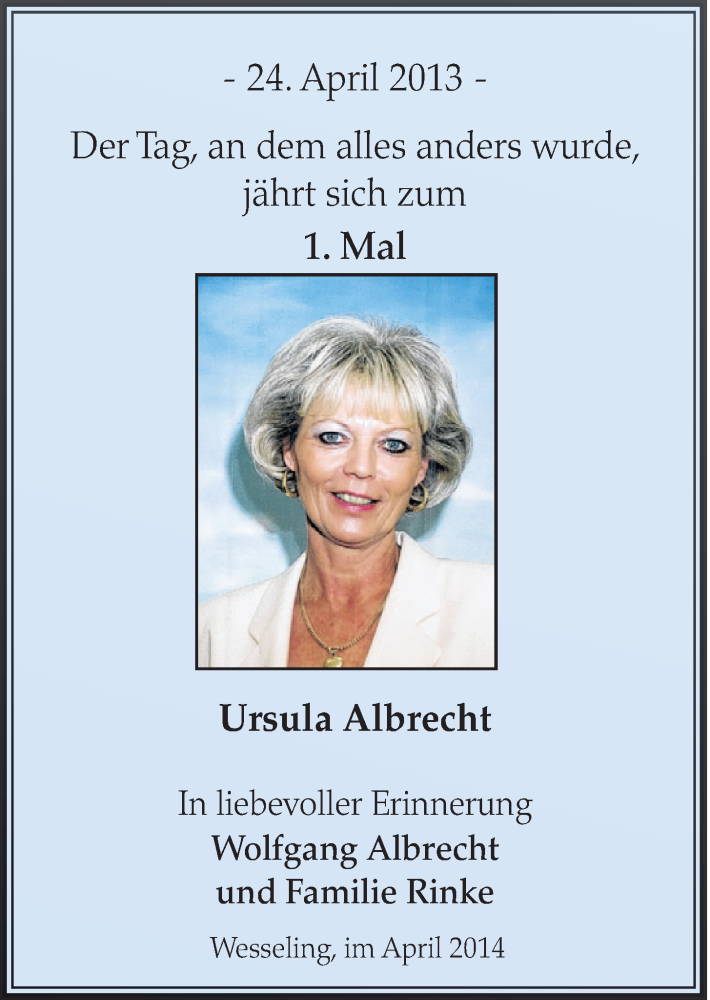  Traueranzeige für Ursula Albrecht vom 23.04.2014 aus  Schlossbote/Werbekurier 