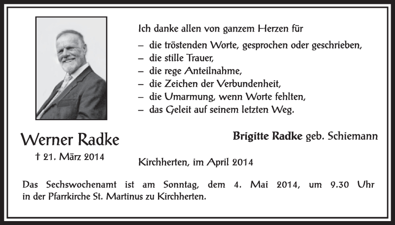  Traueranzeige für Werner Radke vom 19.04.2014 aus  Sonntags-Post 