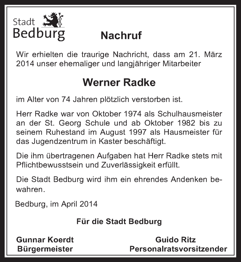  Traueranzeige für Werner Radke vom 09.04.2014 aus  Werbepost 