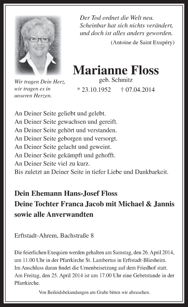  Traueranzeige für Marianne Floss vom 16.04.2014 aus  Werbepost 