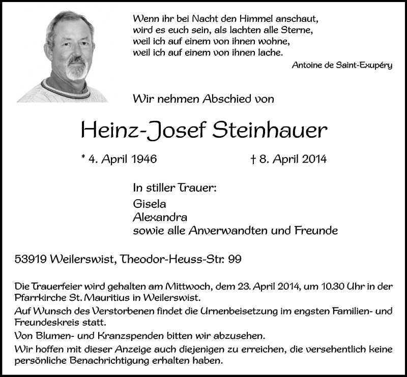  Traueranzeige für Heinz-Josef Steinhauer vom 16.04.2014 aus  Schlossbote/Werbekurier 