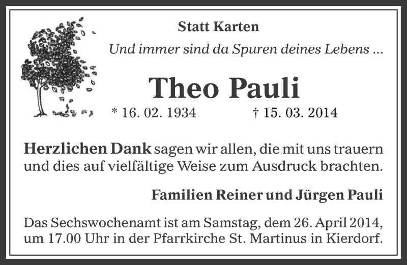  Traueranzeige für Theo Pauli vom 16.04.2014 aus  Werbepost 