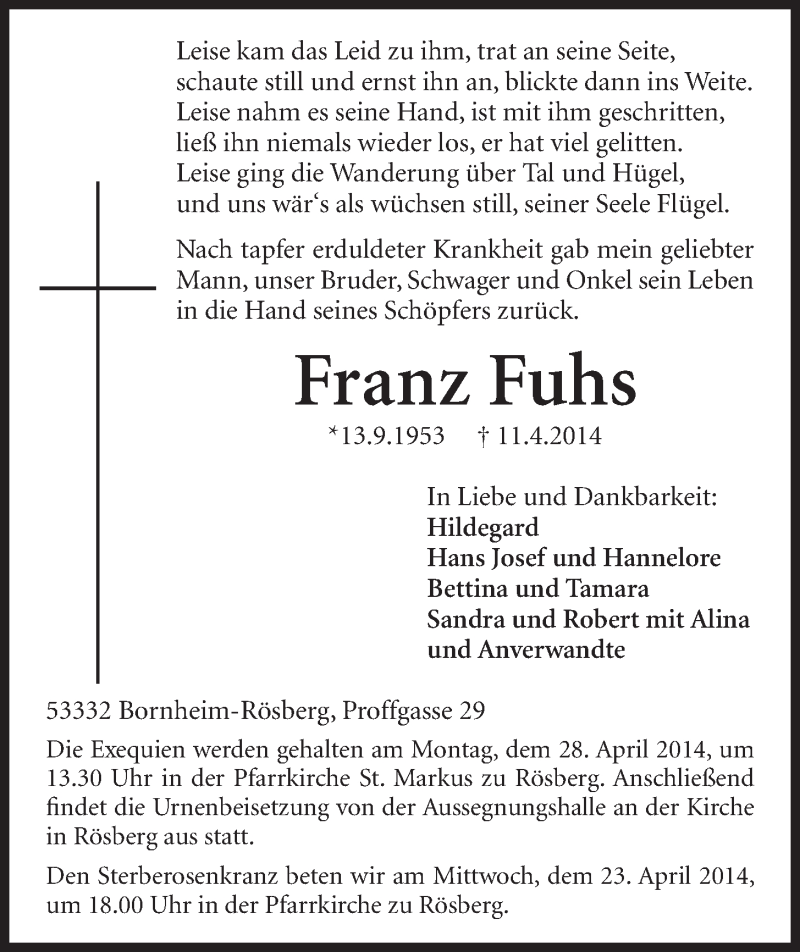  Traueranzeige für Franz Fuhs vom 16.04.2014 aus  Schlossbote/Werbekurier 