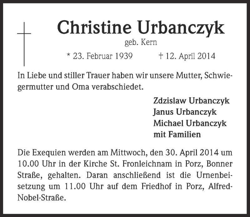  Traueranzeige für Christine Urbanczyk vom 16.04.2014 aus  Kölner Wochenspiegel 