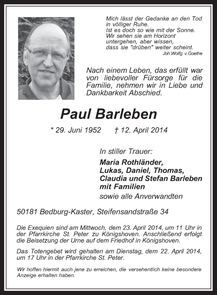  Traueranzeige für Paul Barleben vom 16.04.2014 aus  Werbepost 