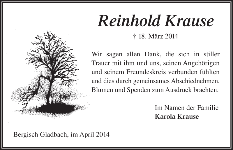  Traueranzeige für Reinhold Krause vom 16.04.2014 aus  Bergisches Handelsblatt 