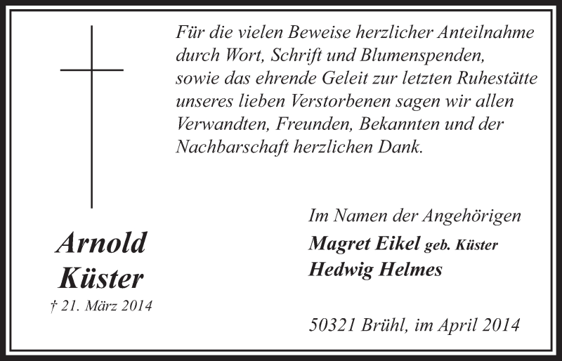  Traueranzeige für Arnold Küster vom 16.04.2014 aus  Schlossbote/Werbekurier 