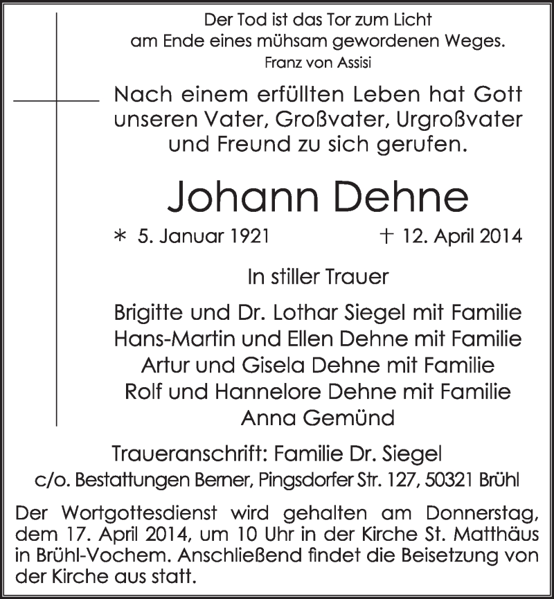  Traueranzeige für Johann Dehne vom 16.04.2014 aus  Schlossbote/Werbekurier 