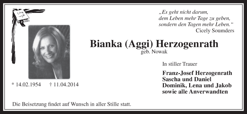  Traueranzeige für Bianka Herzogenrath vom 16.04.2014 aus  Wochenende 