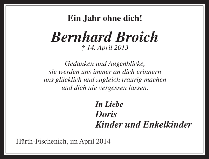  Traueranzeige für Bernhard Broich vom 16.04.2014 aus  Wochenende 